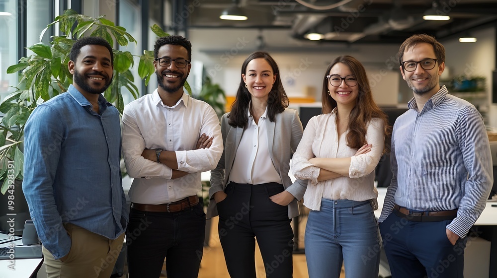 Poster multicultural group of business people in a modern office standing together and smiling at the camer