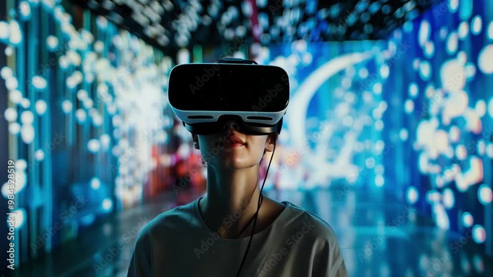Poster Wearing a virtual reality headset, an individual engages deeply with a colorful digital landscape filled with moving lights and patterns, showcasing the future of technology.