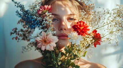 Naklejka premium Fashionable woman covering face with flowers in studio : Generative AI
