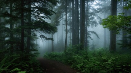 Fototapeta premium Dense Misty Forest with Tall Trees and Green Fog Mysterious Nature Scene