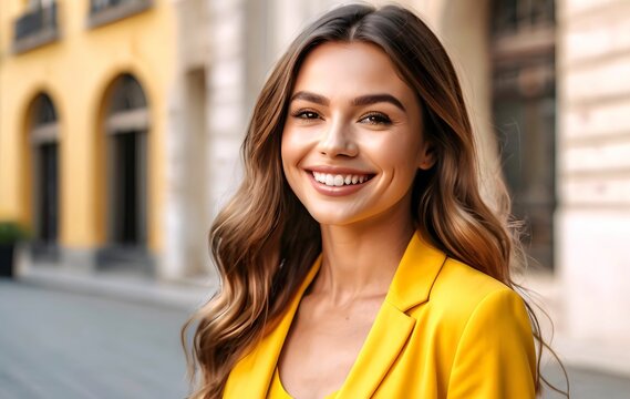Beautiful feel good pretty stylish woman in yellow outfit. Lovely lady with cheerful smile.
