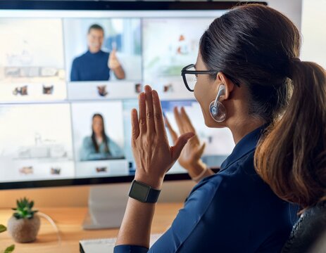 Una persona sorda participando en una videollamada de trabajo, utilizando lenguaje de se&ntilde;as mientras se comunica con su equipo.