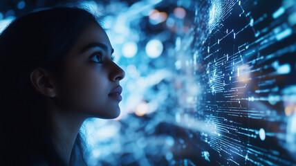 Indian American school girl learning coding, it classes, education. Big data, augmented, virtual reality, machine learning AI concept. Young scientist, data safety blue orange purple hologram.