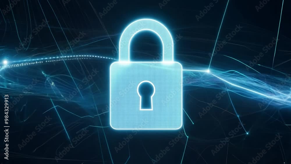 Poster a bright digital padlock appears against a dark background, representing strong cybersecurity and th
