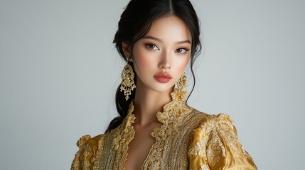 A fashionable Filipino woman showcases a luxurious gold Filipiniana dress exuding charm and cultural pride against a simple white background : Generative AI