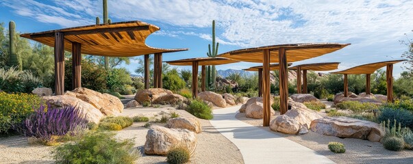 A series of wooden shade structures in a desert botanical garden, designed to mimic natural rock formations and provide cool resting spots for visitors