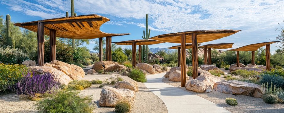 A series of wooden shade structures in a desert botanical garden, designed to mimic natural rock formations and provide cool resting spots for visitors