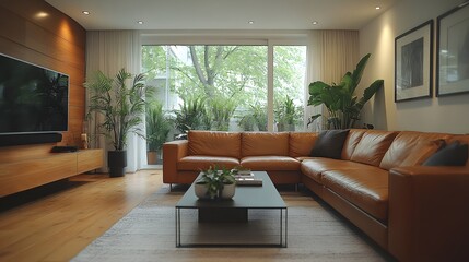 Fototapeta premium Cozy living space featuring a leather couch, simple wall backdrop, modern table, and neutral color scheme