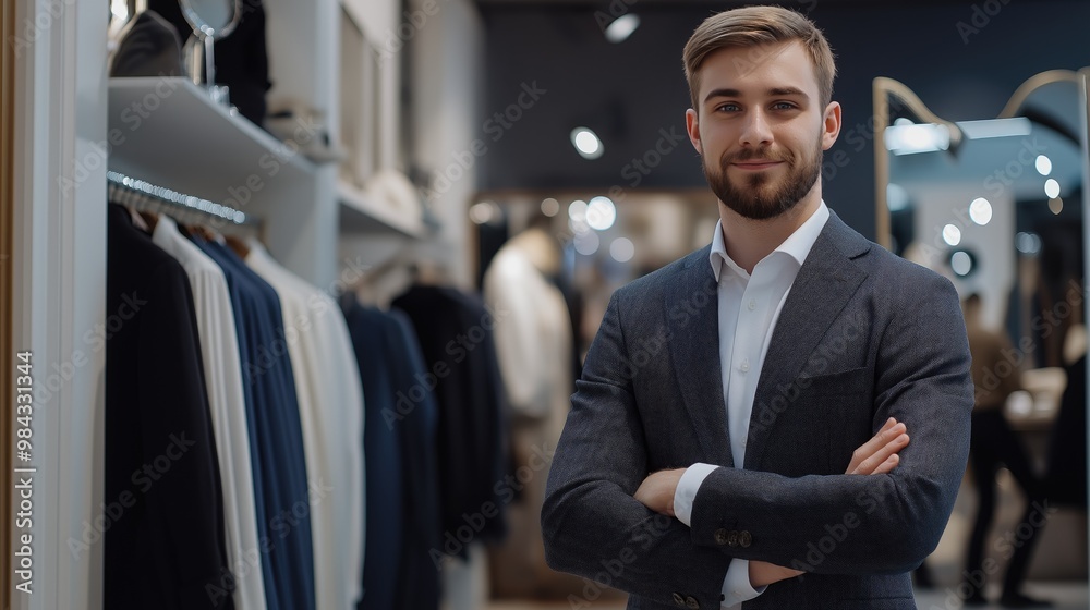 Wall mural a young man in elegant attire greets customers in a luxury clothing store, surrounded by neatly disp