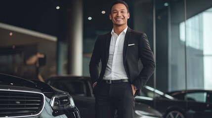 A young male salesperson greets potential customers in a luxurious car dealership, showcasing a friendly and professional demeanor