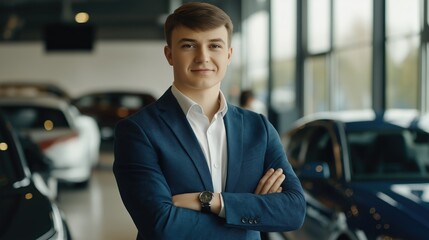 A young salesman in a tailored suit greets potential customers, showcasing professionalism in an upscale car dealership environment