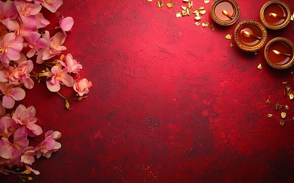 Photo of a Diwali celebration background with pink flowers and oil lamps