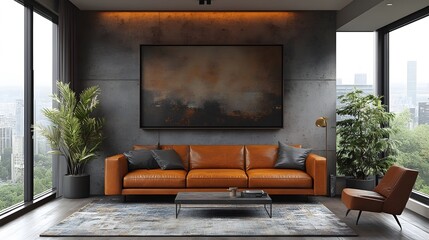 Minimalist interior design with a leather sofa, clean wall for artwork, sleek furnishings, and soft lighting