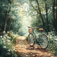 Fototapeta premium Green bicycle on serene forest path with flowers and trees around