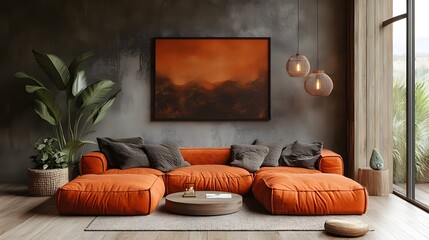 Stylish living room mockup with leather furniture, open wall for decor, cozy textiles, and wooden accents