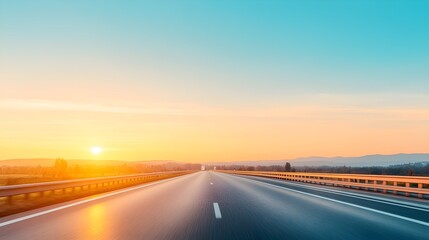Fototapeta premium Serene Road Trip at Sunset - Cozy Car Journey on a Scenic Highway with a Vibrant Horizon and Glowing Sky for Peaceful Travel Moments