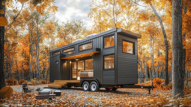 A sleek, modern tiny home on wheels with James Hardie siding, set in a vibrant autumn forest, combining mobile living with durable, stylish materials