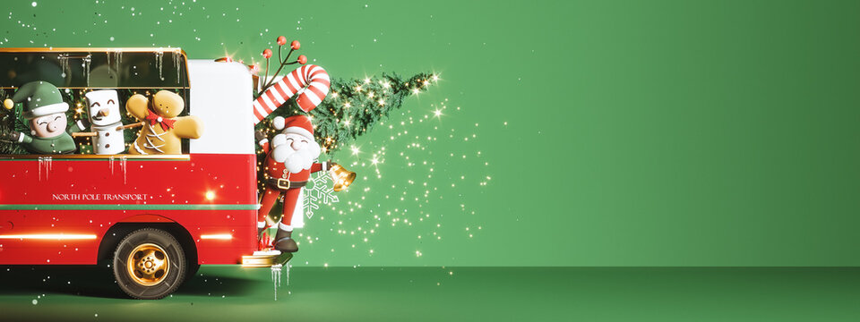 Red truck with Santa Claus and Christmas symbols on green background. Christmas banner design with copy space on green background. 3D Rendering, 3D Illustration