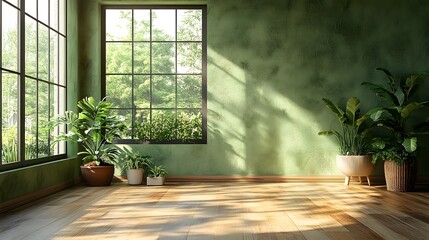 Contemporary empty room featuring olive green wall, neutral wood flooring, and soft ambient light