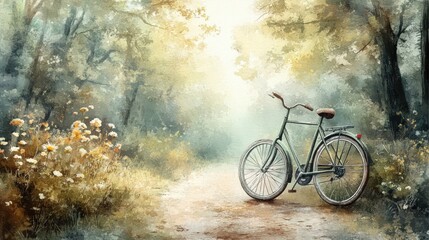 Obraz premium Green bicycle on serene forest path with flowers and trees around
