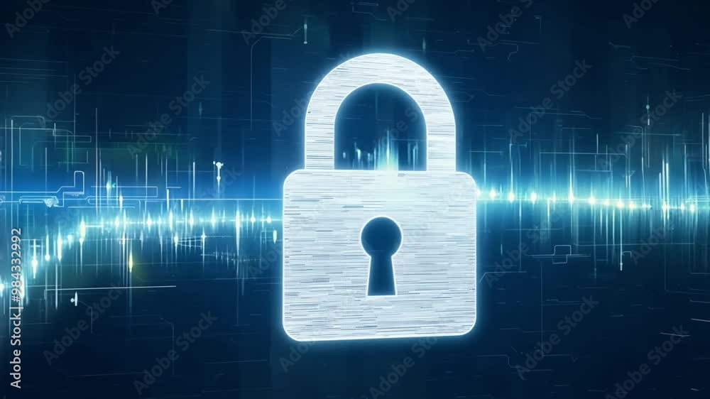Poster A luminescent digital lock icon sits prominently against a technologically advanced backdrop. The design highlights themes of security and data protection in today's digital landscape.