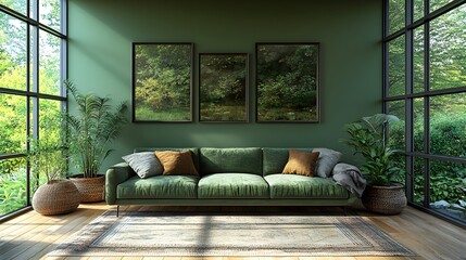 Open living room interior with olive green wall, contemporary flooring, and large windows