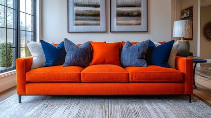 Luxurious living room featuring a contemporary sofa, plush throw pillows, and a warm, inviting atmosphere