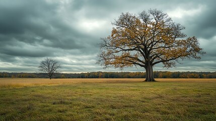 Fototapeta premium Fort Griswold Battlefield State Park monument and giant oak trees on the meadow Tranquil pasture landscape on a cloudy day : Generative AI