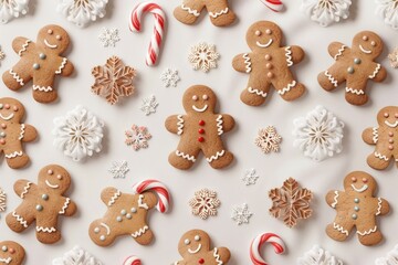 A festive arrangement of gingerbread cookies, snowflakes, and candy canes, perfect for holiday celebrations and winter-themed treats.
