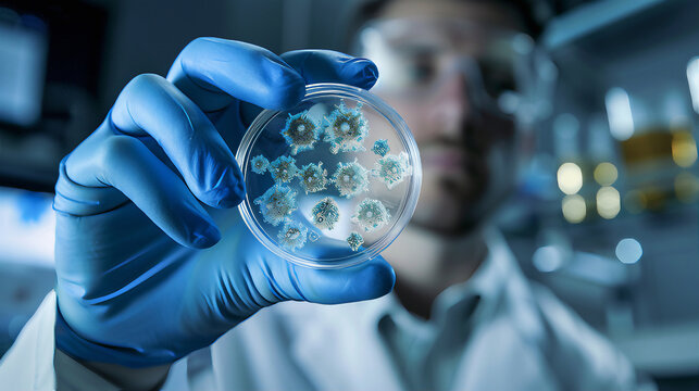 Scientist working in laboratory on a research. Hand holding a petri dish for laboratory cultured fungi, bacteria and viruscells  scientific research experiment program 