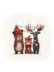 A cheerful Santa Claus with reindeer celebrating Christmas in a winter wonderland, featuring a cute cartoon style with gifts and decorations