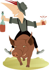 Happy man with a bottle of wine rides on the pig. 
Cartoon farmer or cowboy with a bottle of wine and vine glass sits on the big pig. Illustration on white background
