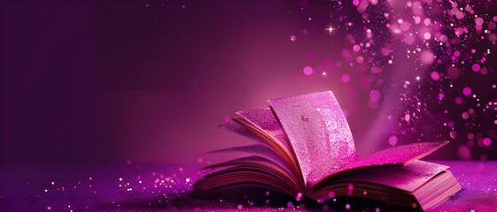 A magical open book glowing with lights and stars, accompanied by a wand, representing the wonders of education, imagination, and storytelling
