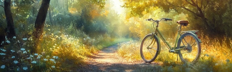 Obraz premium Green bicycle on serene forest path with flowers and trees around