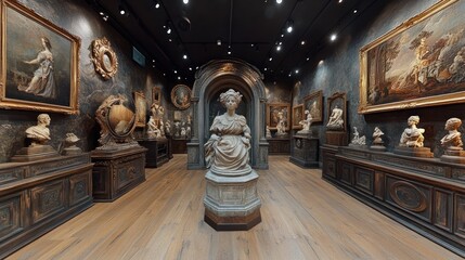 Art gallery featuring sculptures and paintings in a classic setting.