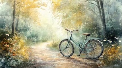 Fototapeta premium Green bicycle on serene forest path with flowers and trees around