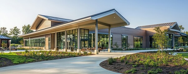 A suburban community center with James Hardie siding, featuring multipurpose rooms and outdoor spaces for events and gatherings, designed to serve as a hub for local activities