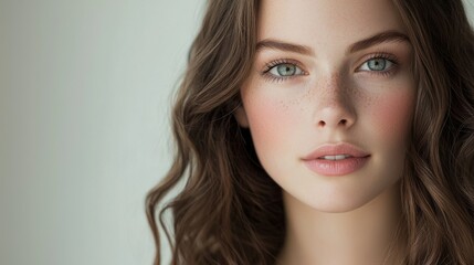 Fototapeta premium A clean beauty headshot with soft lighting, focusing on flawless skin and simple makeup, for a fresh and modern look