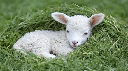 Fototapeta premium A cute, young lamb nestled comfortably in a bed of fresh green grass, exuding a sense of tranquility and innocence.