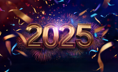 2025の文字と花火とカラフルなリボン　紺背景