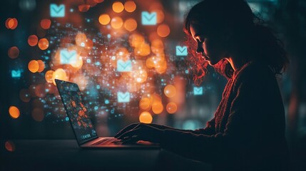 social media privacy: Person sitting alone in dimly lit room using laptop, concerned about social media privacy with thoughtful expression. Focus on digital security and online presence.
