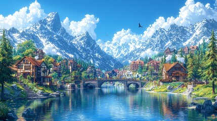 Fototapeta premium Scenic Mountain Landscape with Crystal Clear Lake