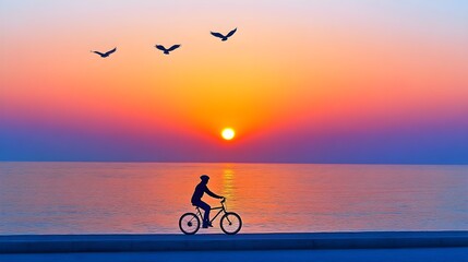 Obraz premium A serene sunset scene featuring a cyclist riding along the shore, with birds flying over the calm sea, creating a picturesque moment of tranquility.