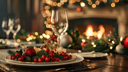 A beautifully arranged holiday dinner setting by a fire, featuring a plated dish garnished with red berries and surrounded by festive decor.