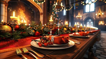 A festive dining table adorned with candles, decorations, and a delicious meal, set in a warm, inviting atmosphere.