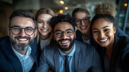 Fototapeta premium Portrait of a group of joyful happy business people men and women having fun and looking cheerful at camera standing in office Company employees team or a group of staff happy to make : Generative AI