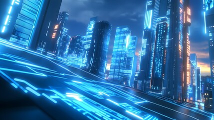 Obraz premium A futuristic cityscape featuring illuminated skyscrapers and a vibrant blue glow, creating a high-tech, cyberpunk atmosphere.