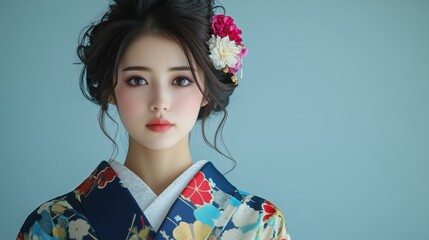 Fototapeta premium Elegant Woman in Traditional Kimono with Floral Accents
