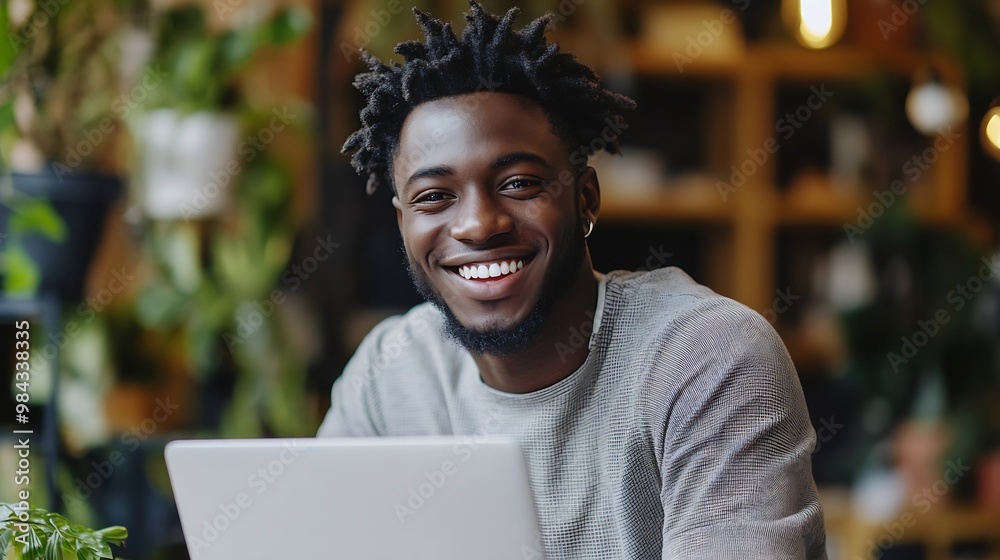 Poster black man smile and laptop in office with smartphone for web design online project and social media 