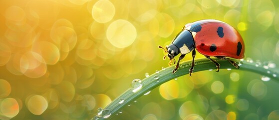 Vibrant Ladybug on a Dewy Green Leaf